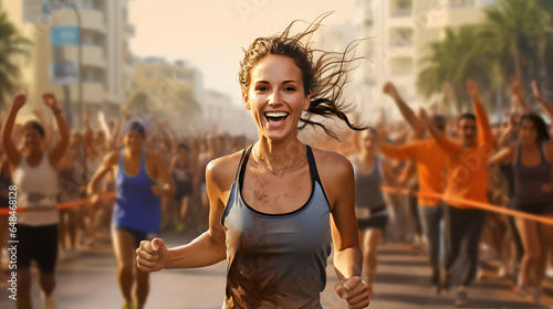 Fotografie, Obraz Experience the thrill of sports as a beautiful female runner achieves success, crossing the finish line with celebration in this painted-style illustration