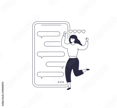 Chat in a phone, messaging using chat app, vector design with a happy girl
