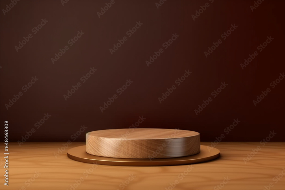 Natural wood podium on brown background with shadow, Showcase for cosmetic products, goods, whiskey, cigar, watches, Scene for goods showing in eco minimalistic style Natural wood podium on brown background with shadow, Showcase for cosmetic products, goods, whiskey, cigar, watches, Scene for goods showing in eco minimalistic style