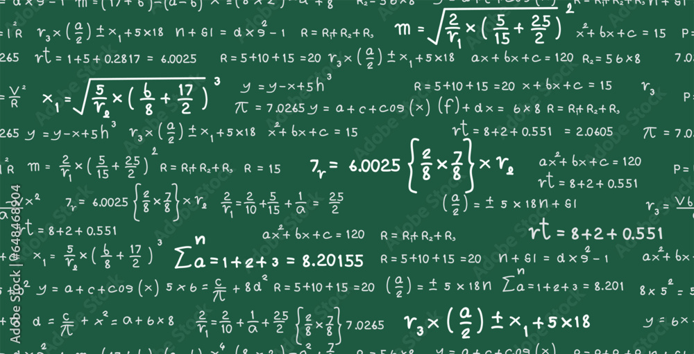 Seamless background of mathematical formulas on a chalkboard. - obrazy, fototapety, plakaty 