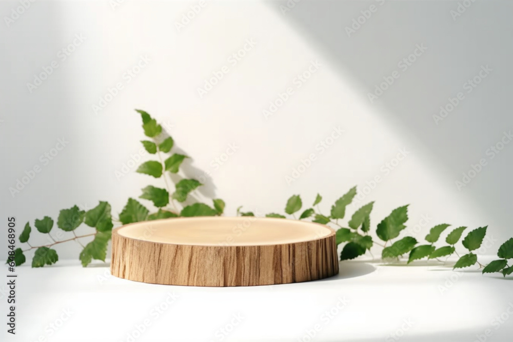 Natural round wooden stand for presentation and exhibitions on white background with shadow, Mock up 3d empty podium with green leaves for organic cosmetic product Natural round wooden stand for presentation and exhibitions on white background with shadow, Mock up 3d empty podium with green leaves for organic cosmetic product