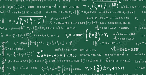 Seamless background of mathematical formulas on a chalkboard.