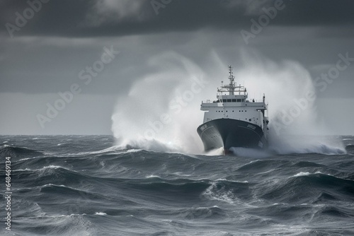 An ocean vessel on a massive swell. Generative AI