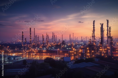 Twilight scene of an oil refinery and petrochemical plant with a business graph analysis, including an oil storage tank. Generative AI