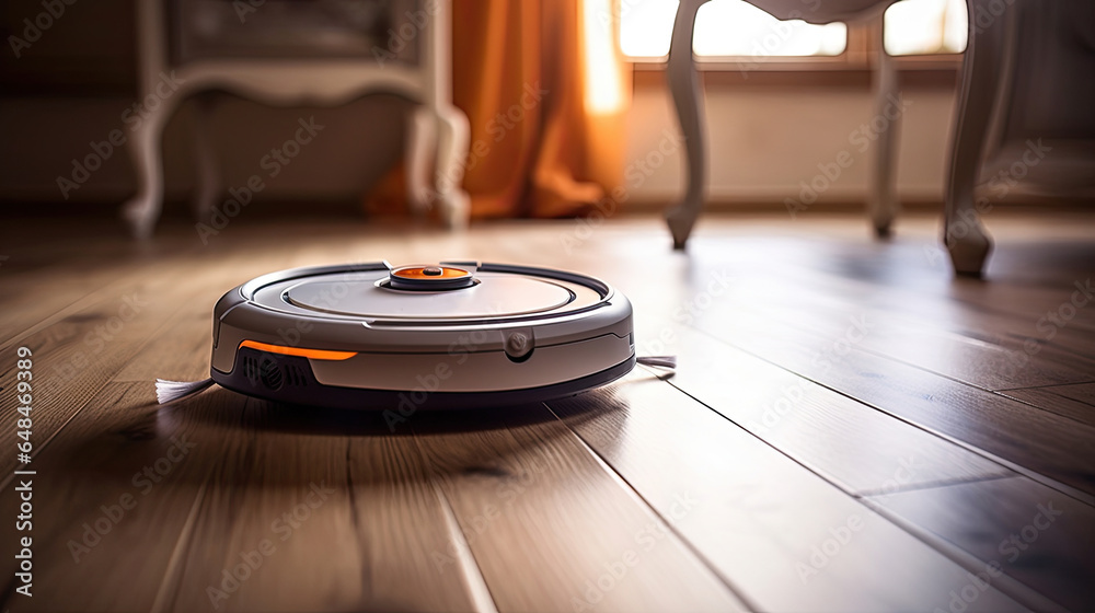 a Robot vacuum cleaner on hardwood floor at home. Generative Ai a Robot vacuum cleaner on hardwood floor at home. Generative Ai