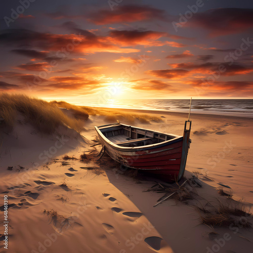 boat on the beach with sun in the background and dunes, Generative AI, Generativ, KI