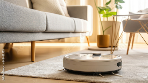 a robot vacuum cleaner working on a carpet in a new living room. Generative Ai photo