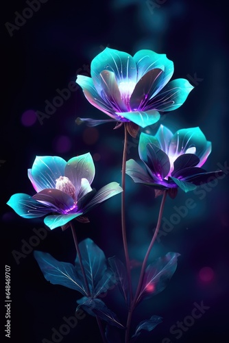 Three blue flowers with green leaves on a black background