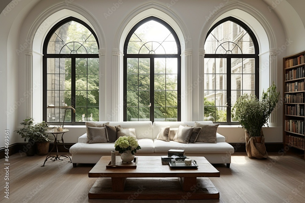 Interior with arched timber windows. Generative AI