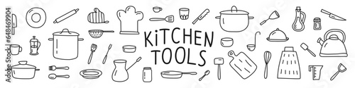 A set of kitchen tools. Doodle style. Vector