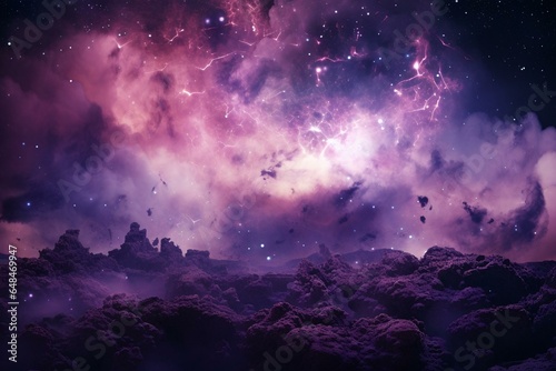 A purple space cloud and debris floating amidst a field of stars. Generative AI