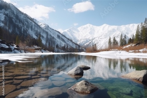 Scenic view of snowy peaks from the second lake in Altai Mountains. Generative AI