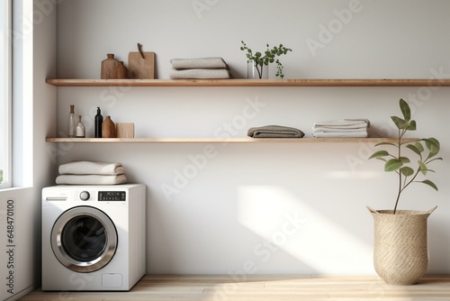 Minimal laundry room with wooden shelves and a plant. Generative AI