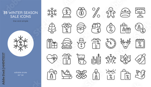 Winter Sale Vector Icons Set. Snowflake Offers to Hot Deal Fireworks. Santa Elf with Sale Banner, Christmas and New Year Shopping Savings, Promotions, Seasonal Labels and Coupons.
