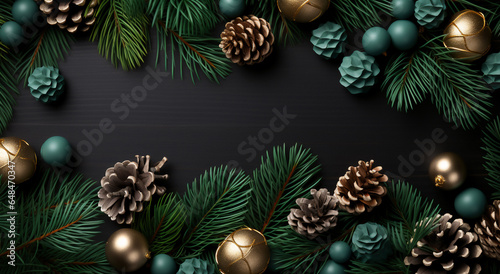 Christmas background with decoration with fir branches and xmas balls on dark brown wood table, Winter holiday greeting concept,Generative ai. © Anchalee