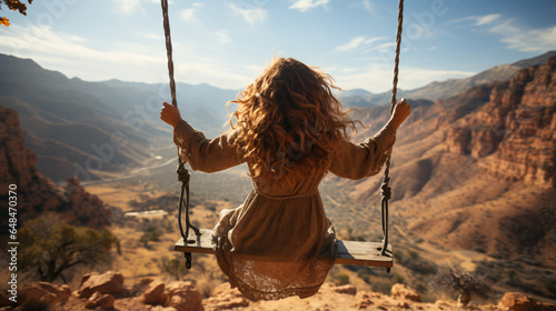 Against a backdrop of awe-inspiring scenery, an unburdened female traveler swings merrily with arms outstretched