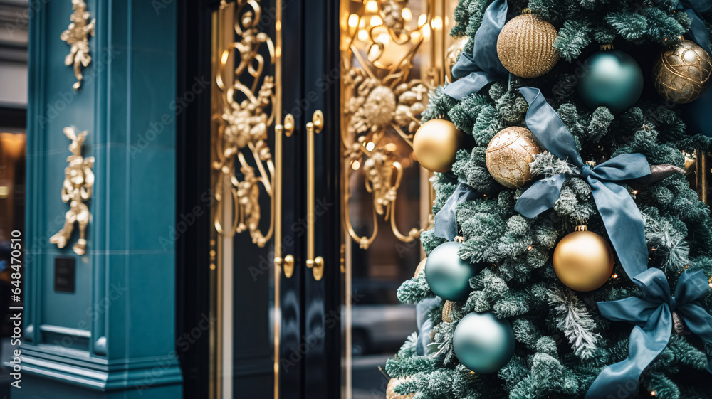Christmas decoration details on English styled luxury high street city store door or shopping window display, holiday sale and shop decor - obrazy, fototapety, plakaty 
