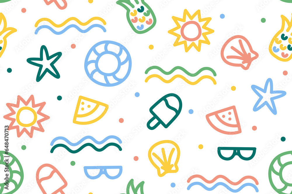 Colorful fun line art with summer beach doodle. Pattern with starfish, shells, sun, glasses, wave, pineapple, watermelon, ice cream, floats. Apply for repeat pattern.