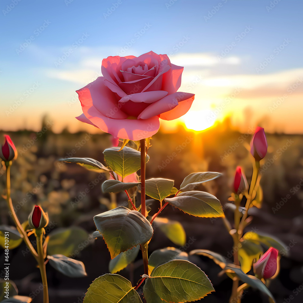 Obraz premium pink rose in small field with sun in background, Generative AI, Generativ, KI