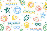 Colorful fun line art with summer beach doodle. Pattern with starfish, shells, sun, glasses, wave, pineapple, watermelon, ice cream, floats. Apply for repeat pattern.