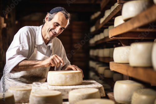 An elderly farmer checks the readiness of his homemade cheese. The cheese matures in the farmer's basement. Homemade cheese production. Natural product.