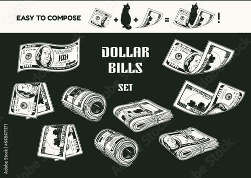 Set of 100 dollar bills with obverse and reverse side. Money rolls, wads of cash money, bent, folded, twisted banknotes. Vintage style. Monochrome detailed vector illustration on black background.