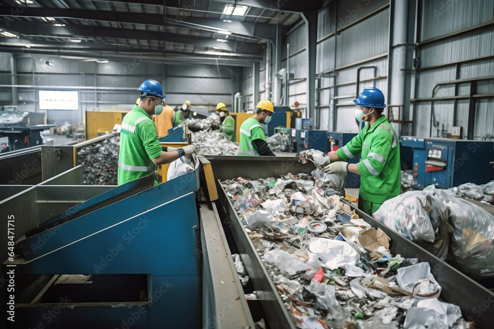 Waste sorting plant. Many different conveyors and bunkers. Workers sort the garbage on the conveyor. Waste disposal and recycling. Waste recycling plant. Waste sorting plant. Many different conveyors and bunkers. Workers sort the garbage on the conveyor. Waste disposal and recycling. Waste recycling plant.