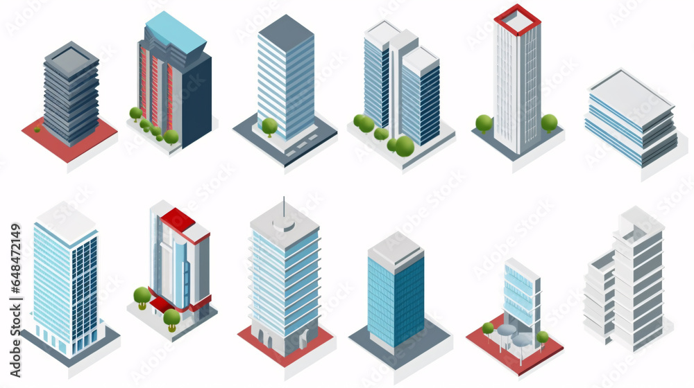 A 3D design collection featuring isometric skyscraper buildings, encompassing business offices and commercial towers