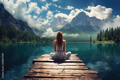woman sits on jetty at peaceful lake on mountain view © krissikunterbunt