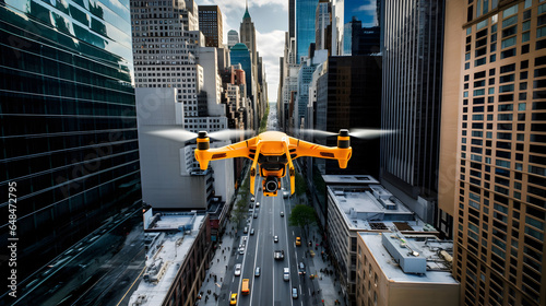 A drone's perspective of New York City, hovering above the streets and capturing a dynamic angle of iconic landmarks such as the Flatiron Building,