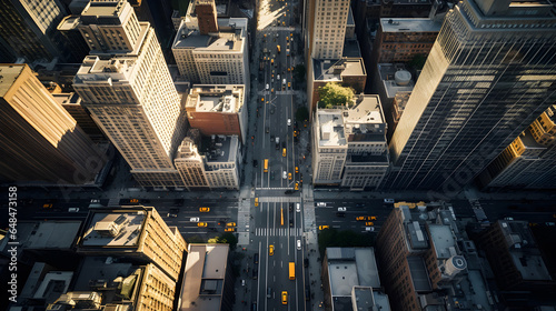 A drone's perspective of New York City, hovering above the streets and capturing a dynamic angle of iconic landmarks such as the Flatiron Building,