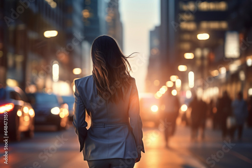 Back view with a nightscape of a businesswoman walking on the road in the background of office buildings and neon lights. Business concept of success and growth.