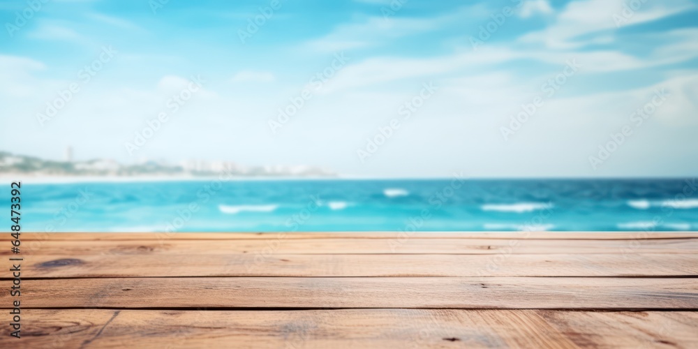 Wooden Table Atop Ocean's Gentle Blur