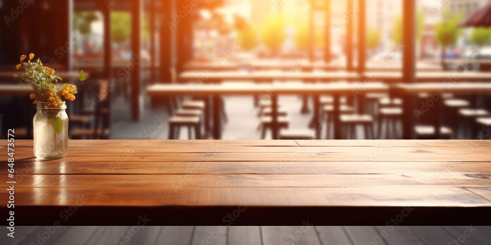 Classic wooden table top contrasting with a subtle restaurant backdrop blur. Classic wooden table top contrasting with a subtle restaurant backdrop blur.