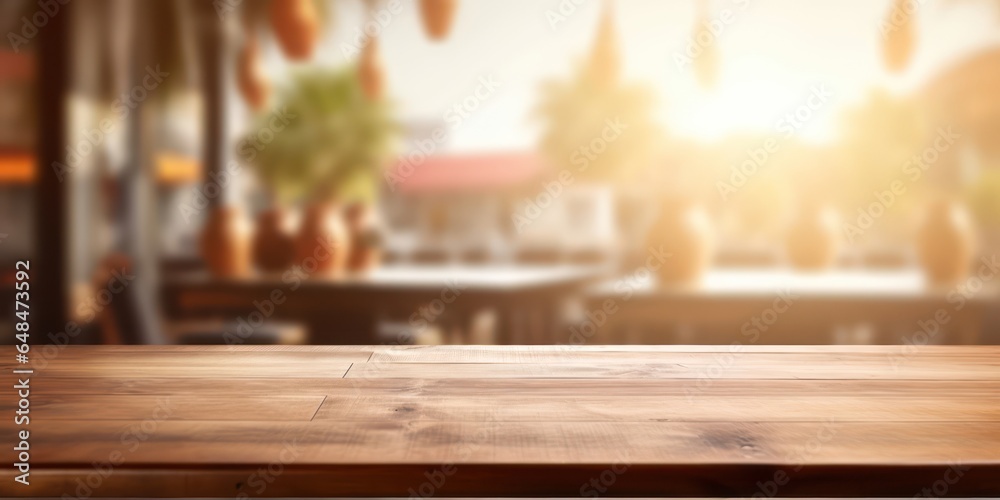 Wooden table's surface standing out against a softly blurred restaurant setting.