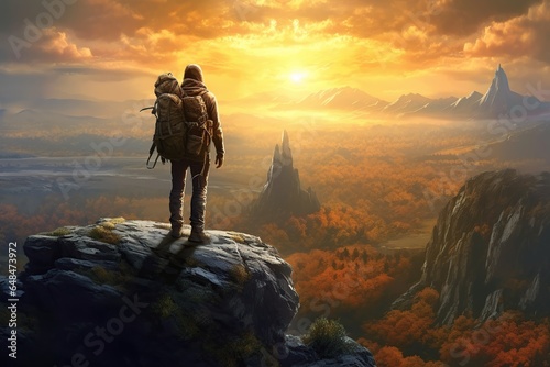 Hiker or alpinist at the top of a mountain with heavy backpack, a adventure man on a top of a peak, travel backpacker hiking