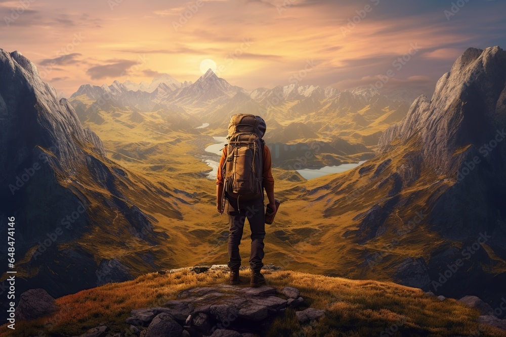 Hiker or alpinist at the top of a mountain with heavy backpack, a adventure man on a top of a peak, travel backpacker hiking Hiker or alpinist at the top of a mountain with heavy backpack, a adventure man on a top of a peak, travel backpacker hiking
