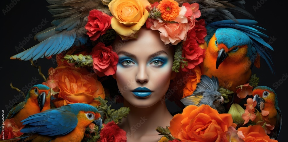 A woman with mesmerizing blue eyes surrounded by a vibrant display of birds and flowers
