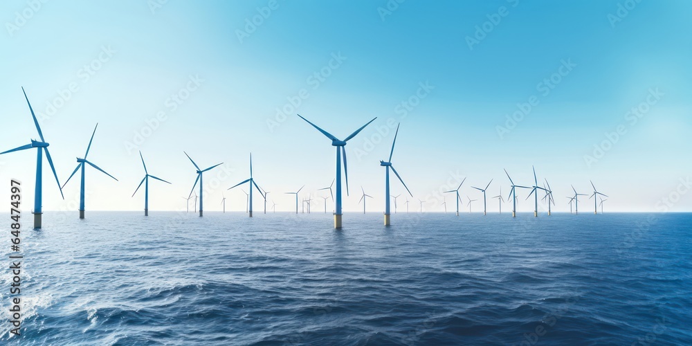 Wind turbines in the sea landscape, a commitment to clean electricity.