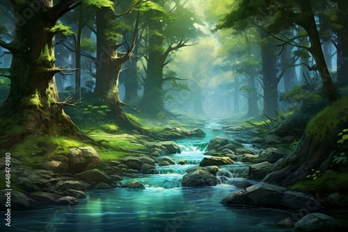 Artwork showcasing the serene flow of a river amidst a lush woodland. Generative AI