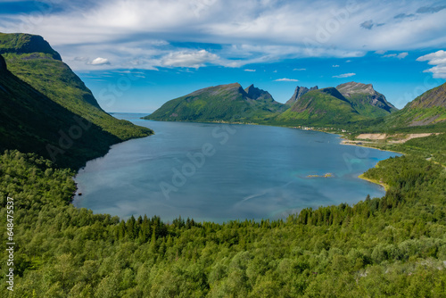 Breathtaking scenery on Senja (Sážžá) island, Bergsbotn Platform, Troms og Finnmark, Norway. Known as "Norway in miniature" as its diverse scenery reflects almost the entire span of Norwegian nature