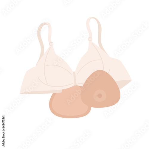 Breast prosthesis. Breast prosthesis and post surgery bra for breast cancer patient after mastectomy. Vector illustration.