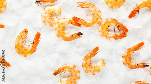 Top view of raw whole shrimps on ice. Seafood background. Generative AI photo