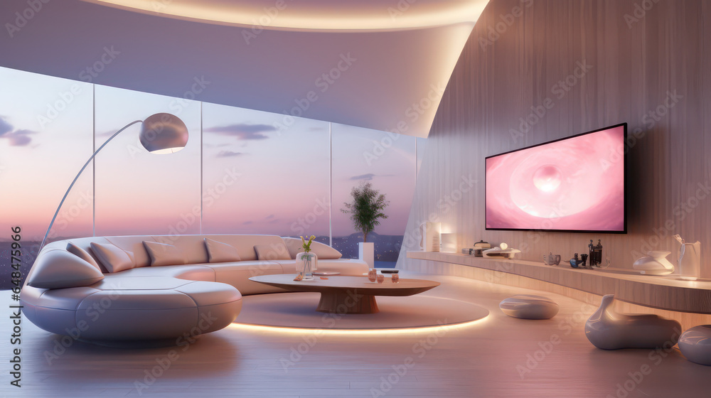 Fototapeta premium Futuristic Scandinavian Interior with Smart Home Energy Monitoring. Concept Of Ultra Modern Living Room Architecture. Elegant Scandinavian Living Room. Generative AI