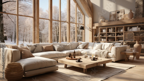 Minimalist Scandinavian Living Room Design with White Wall and Wooden Elements. Concept Of Ultra Modern Living Room Architecture. Generative AI