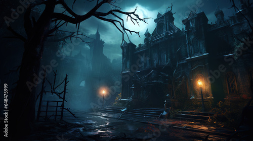 Haunted mansion covered with fog, night scene. Creepy house covered with vines. Halloween concept. Generative AI