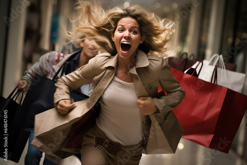 Exuberant Woman with Shopping Bags Running for the Best Deals