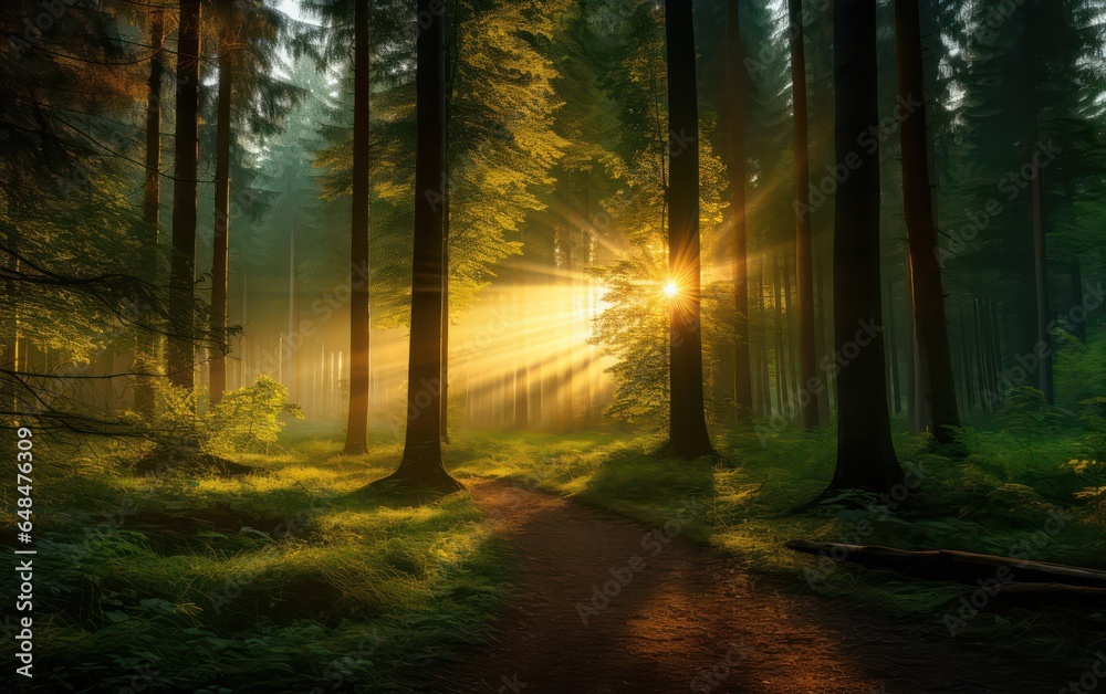 Beautiful rays of sunlight in a green forest