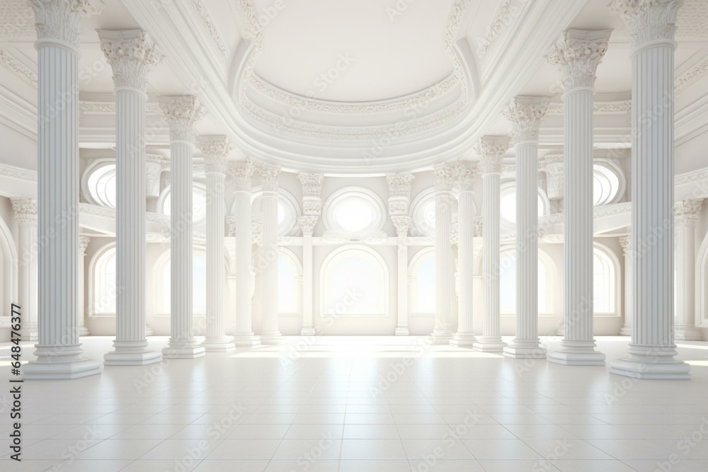 Spacious room with white columns and unique architectural pattern. 3D rendered. Generative AI