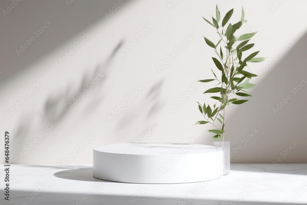 Modern, minimal glossy white round cylinder podium, tropical tree branch on white counter table in dappled sunlight, leaf shadow on white wall background Modern, minimal glossy white round cylinder podium, tropical tree branch on white counter table in dappled sunlight, leaf shadow on white wall background